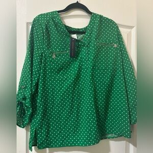 NWT Adrienne Vittadini Green Polka Dot Blouse | Women’s Long Sleeve Button Top